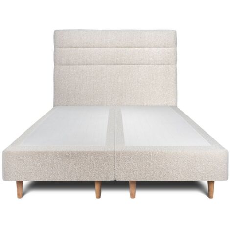 Lit 180x200cm avec tête de lit lignes bouclette et double sommier tapissier beige - Hauteur totale : 35cm (1/5)