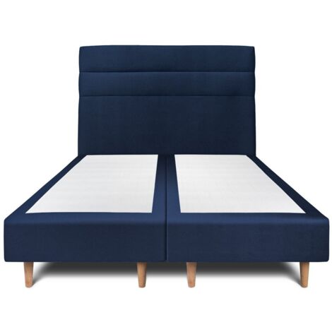 Lit 180x200cm avec tête de lit lignes velours et double sommier tapissier bleu - Hauteur totale : 35cm (1/5)
