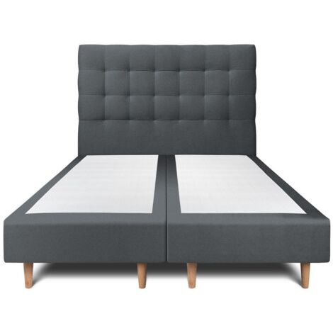 Lit 180x200cm avec tête de lit capitonnée velours et double sommier tapissier gris anthracite - Hauteur totale : 35cm (1/5)