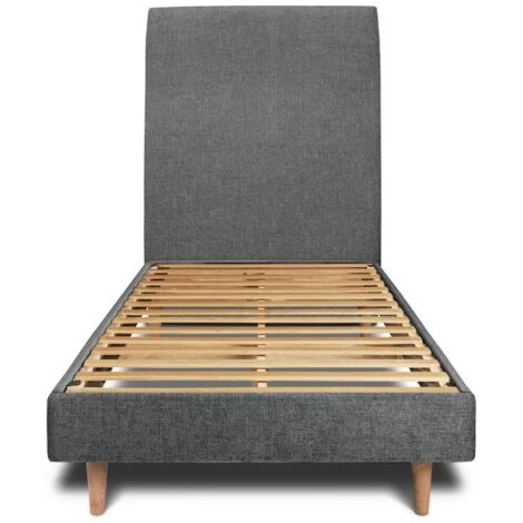 Lit 90x190cm avec tête de lit tapissier tissu et sommier kit gris anthracite - Hauteur totale : 29cm (1/5)