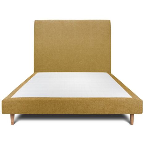 Lit 160x200cm avec tête de lit tapissier tissu et sommier tapissier jaune - Hauteur totale : 29cm (1/5)