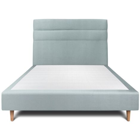 Lit 150x190cm avec tête de lit lignes velours et sommier tapissier gris bleuté - Hauteur totale : 35cm (1/5)