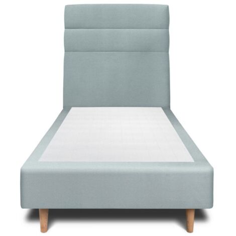 Lit 90x190cm avec tête de lit lignes velours et sommier tapissier gris bleuté - Hauteur totale : 35cm (1/4)