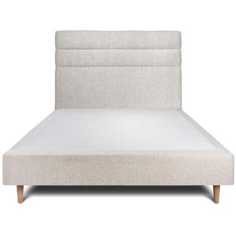 Lit 135x190cm avec tête de lit lignes bouclette et sommier tapissier beige - Hauteur totale : 35cm (1/5)