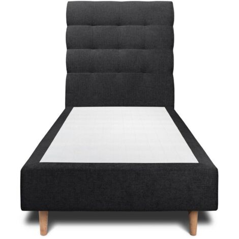Lit 90x190cm avec tête de lit capitonnée tissu et sommier tapissier Noir - Hauteur totale : 35cm (1/4)