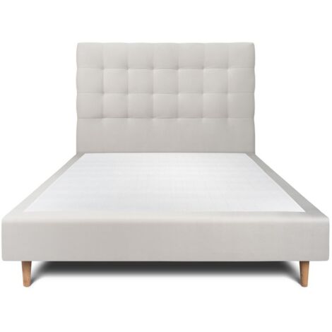 Lit 135x190cm avec tête de lit capitonnée velours et sommier tapissier gris clair - Hauteur totale : 35cm (1/5)