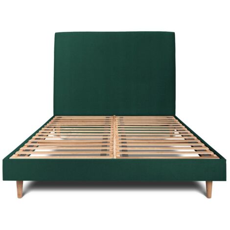 Lit 160x200cm avec tête de lit tapissier velours et sommier kit vert - Hauteur totale : 29cm (1/5)