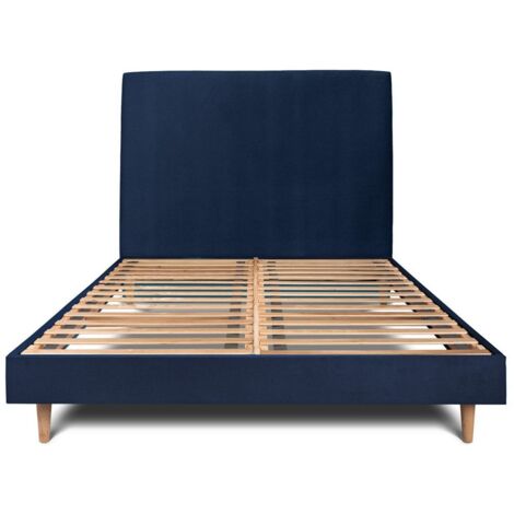 Lit 135x190cm avec tête de lit tapissier velours et sommier kit Bleu - Hauteur totale : 29cm (1/5)