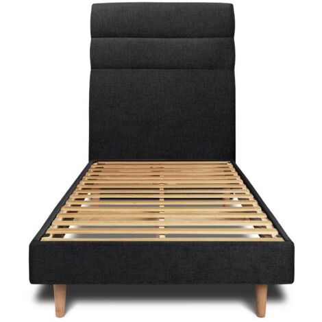 Lit 90x190cm avec tête de lit lignes tissu et sommier kit Noir - Hauteur totale : 29cm (1/5)