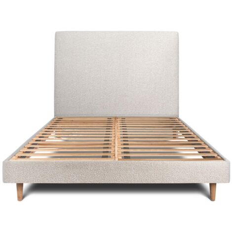 Lit 200x200cm avec tête de lit tapissier bouclette et sommier kit Beige - Hauteur totale : 29cm (1/5)