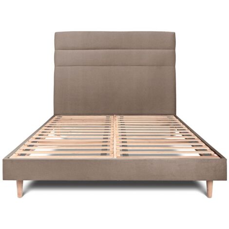Lit 140x190cm avec tête de lit lignes velours et sommier kit taupe - Hauteur totale : 29cm (1/5)