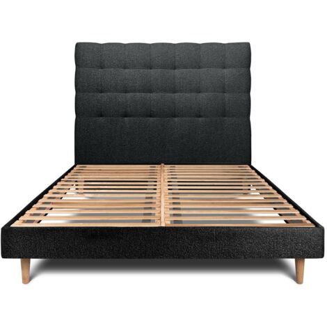 Lit 150x190cm avec tête de lit capitonnée bouclette et sommier kit Noir - Hauteur totale : 29cm (1/5)