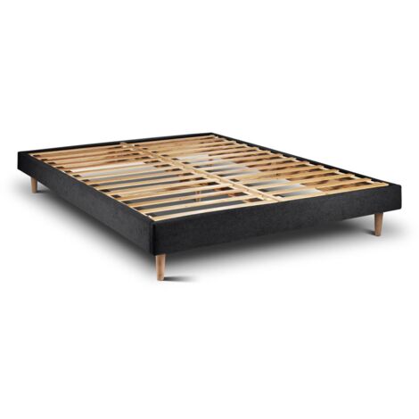 Lit 160x200cm avec tête de lit tapissier tissu et sommier kit Noir - Hauteur totale : 29cm (1/4)