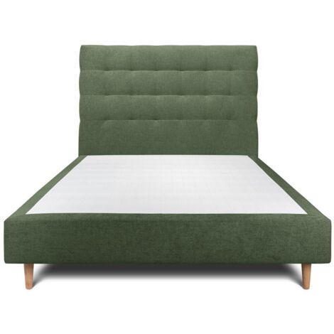 Lit 135x190cm avec tête de lit capitonnée tissu et sommier tapissier vert - Hauteur totale : 35cm (1/5)