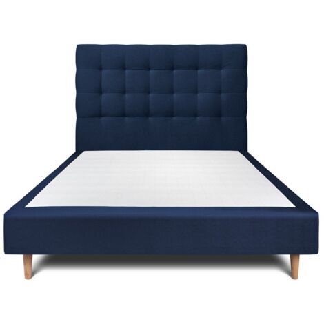 Lit 140x190cm avec tête de lit capitonnée velours et sommier tapissier Bleu - Hauteur totale : 35cm (1/5)