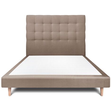 Lit 135x190cm avec tête de lit capitonnée velours et sommier tapissier taupe - Hauteur totale : 29cm (1/5)