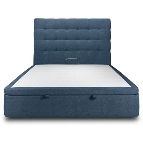 Lit coffre 140x200cm avec tête de lit capitonnée Tissu Bleu - Hauteur totale : 39cm (1/5)