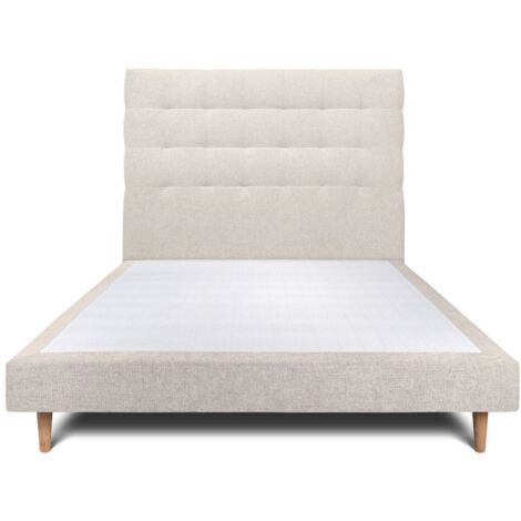 Lit 140x190cm avec tête de lit capitonnée tissu et sommier tapissier Beige clair - Hauteur totale : 29cm (1/5)