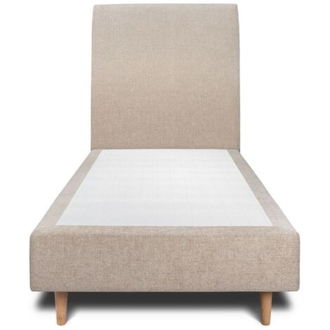 Lit 90x190cm avec tête de lit tapissier tissu et sommier tapissier beige brun - Hauteur totale : 35cm (1/4)