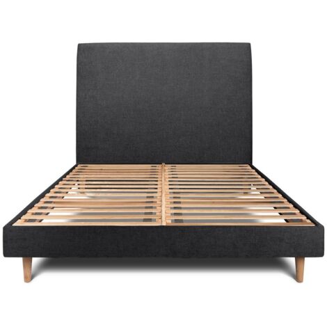 Lit 135x190cm avec tête de lit tapissier tissu et sommier kit Noir - Hauteur totale : 29cm (1/5)