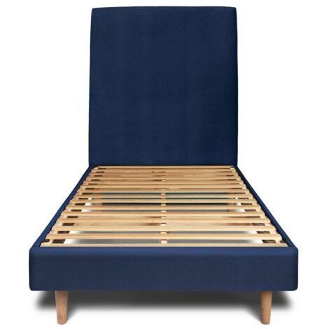 Lit 90x190cm avec tête de lit tapissier velours et sommier kit Bleu - Hauteur totale : 29cm (1/5)