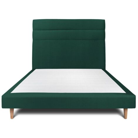 Lit 140x190cm avec tête de lit lignes velours et sommier tapissier vert - Hauteur totale : 29cm (1/5)