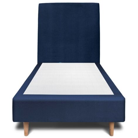 Lit 90x200cm avec tête de lit tapissier velours et sommier tapissier Bleu - Hauteur totale : 35cm (1/4)