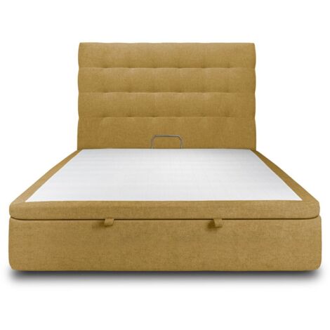 Lit coffre 200x200cm avec tête de lit capitonnée Tissu Jaune - Hauteur totale : 39cm (1/5)