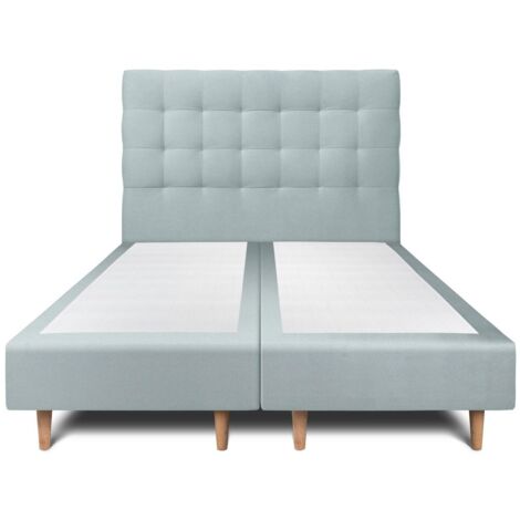 Lit 200x200cm avec tête de lit capitonnée velours et double sommier tapissier gris bleuté - Hauteur totale : 35cm (1/5)