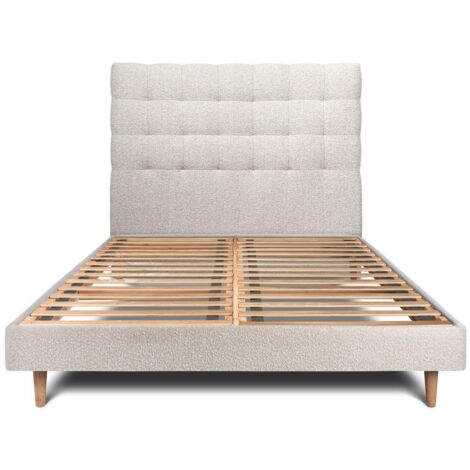 Lit 135x190cm avec tête de lit capitonnée bouclette et sommier kit Beige - Hauteur totale : 29cm (1/5)