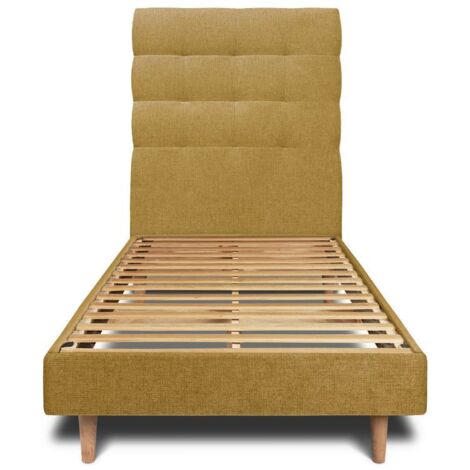 Lit 90x190cm avec tête de lit capitonnée tissu et sommier kit jaune - Hauteur totale : 29cm (1/5)