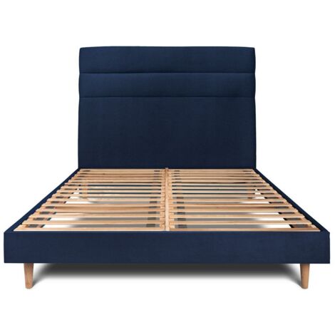 Lit 135x190cm avec tête de lit lignes velours et sommier kit Bleu - Hauteur totale : 29cm (1/5)