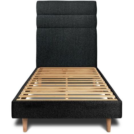 Lit 90x200cm avec tête de lit lignes bouclette et sommier kit Noir - Hauteur totale : 29cm (1/5)