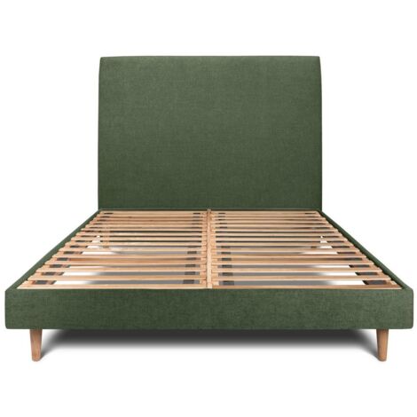 Lit 140x190cm avec tête de lit tapissier tissu et sommier kit vert - Hauteur totale : 29cm (1/5)