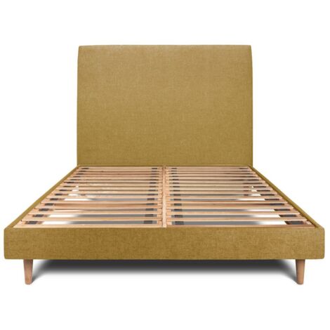 Lit 180x200cm avec tête de lit tapissier tissu et sommier kit jaune - Hauteur totale : 29cm (1/5)