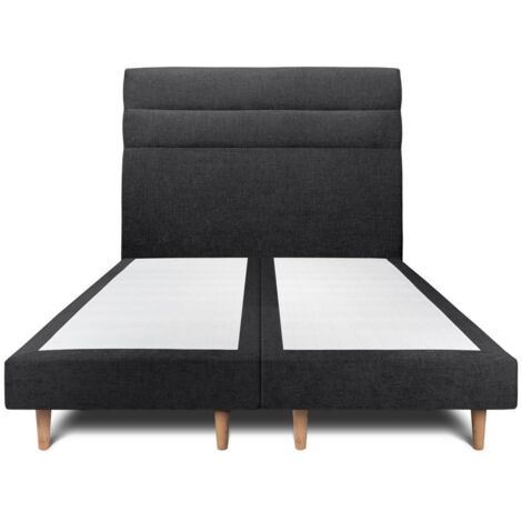 Lit 200x200cm avec tête de lit lignes tissu et double sommier tapissier noir - Hauteur totale : 29cm (1/5)
