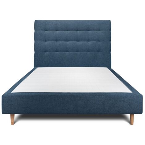 Lit 140x190cm avec tête de lit capitonnée tissu et sommier tapissier Bleu - Hauteur totale : 35cm (1/5)