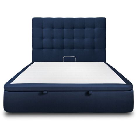 Lit coffre 140x190cm avec tête de lit capitonnée Velours Bleu - Hauteur totale : 39cm (1/5)