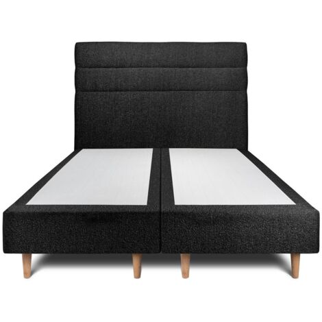 Lit 160x200cm avec tête de lit lignes bouclette et double sommier tapissier noir - Hauteur totale : 35cm (1/5)