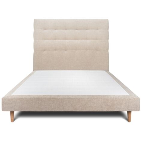 Lit 150x200cm avec tête de lit capitonnée tissu et sommier tapissier beige brun - Hauteur totale : 29cm (1/5)