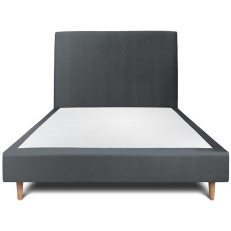 Lit 140x190cm avec tête de lit tapissier velours et sommier tapissier gris anthracite - Hauteur totale : 35cm (1/5)