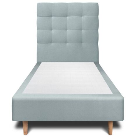 Lit 90x190cm avec tête de lit capitonnée velours et sommier tapissier gris bleuté - Hauteur totale : 35cm (1/4)