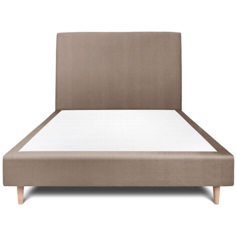 Lit 140x190cm avec tête de lit tapissier velours et sommier tapissier taupe - Hauteur totale : 35cm (1/5)