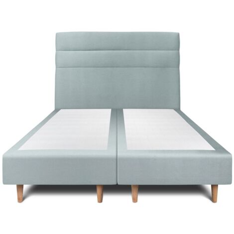Lit 200x200cm avec tête de lit lignes velours et double sommier tapissier gris bleuté - Hauteur totale : 35cm (1/5)
