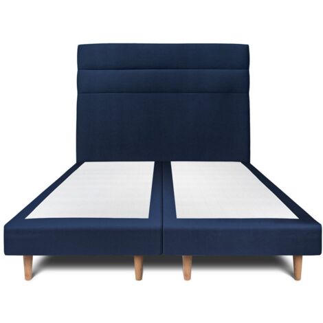 Lit 200x200cm avec tête de lit lignes velours et double sommier tapissier bleu - Hauteur totale : 29cm (1/5)