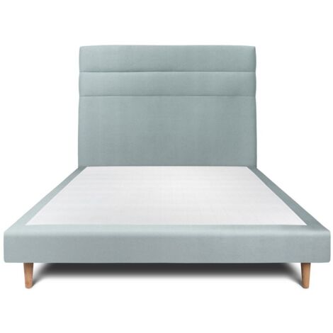 Lit 135x190cm avec tête de lit lignes velours et sommier tapissier gris bleuté - Hauteur totale : 29cm (1/5)