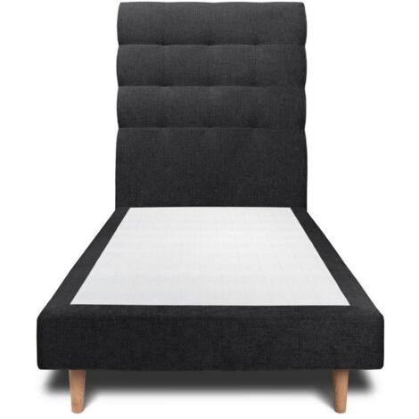 Lit 90x190cm avec tête de lit capitonnée tissu et sommier tapissier Noir - Hauteur totale : 29cm (1/4)