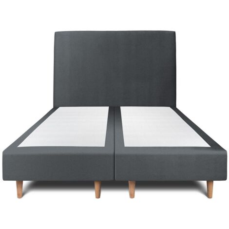 Lit 180x200cm avec tête de lit tapissier velours et double sommier tapissier gris anthracite - Hauteur totale : 35cm (1/5)