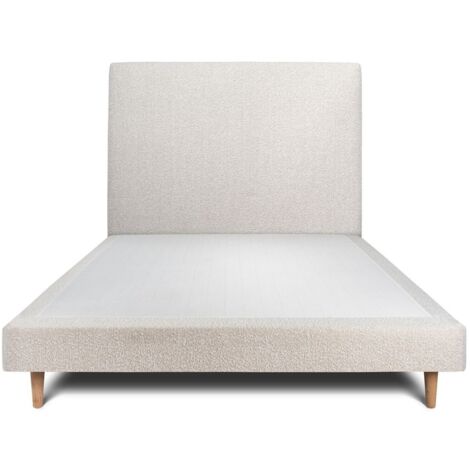Lit 135x190cm avec tête de lit tapissier bouclette et sommier tapissier beige - Hauteur totale : 29cm (1/5)