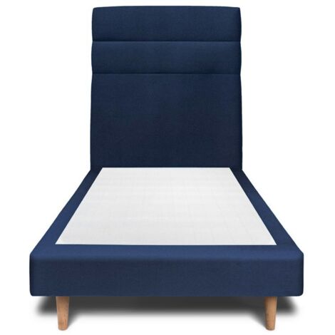 Lit 90x200cm avec tête de lit lignes velours et sommier tapissier Bleu - Hauteur totale : 29cm (1/4)